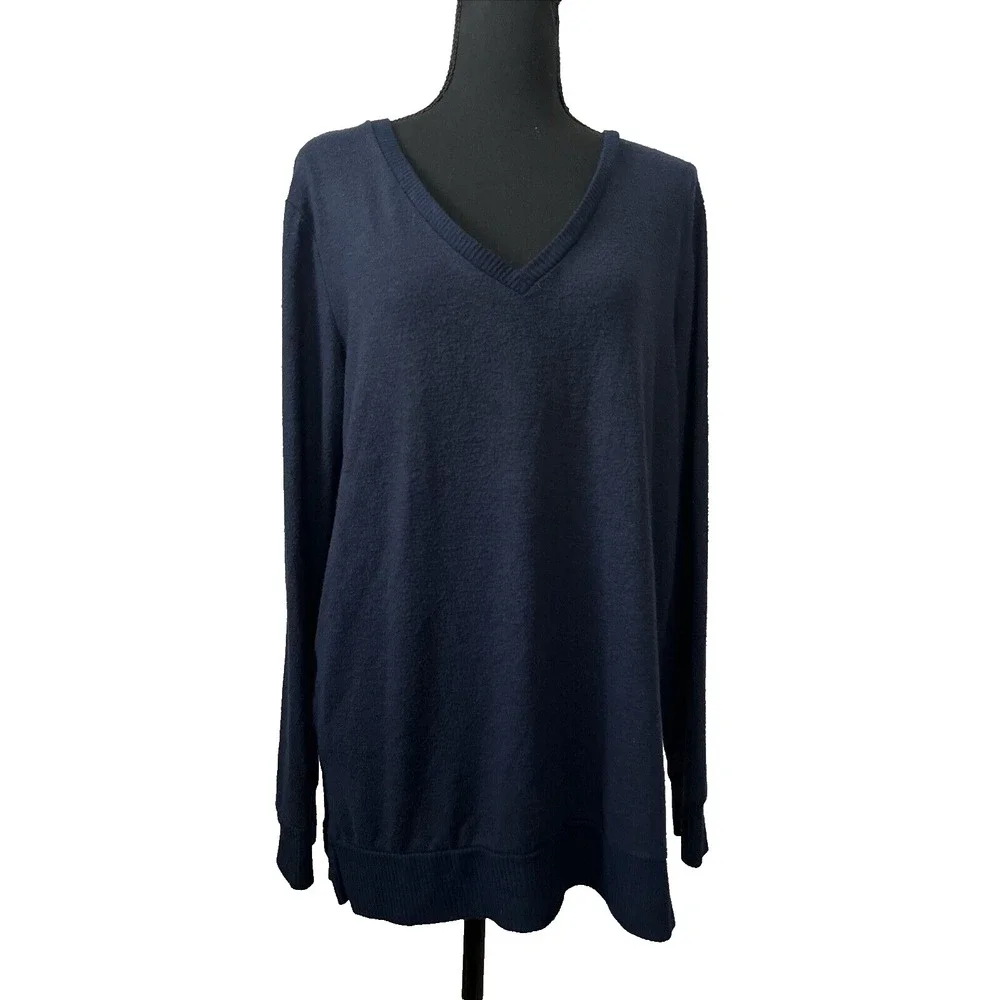 Lucky Brand Women's Relaxed Crew Neck Pullover Sweater Navy Blue Cozy Knit M